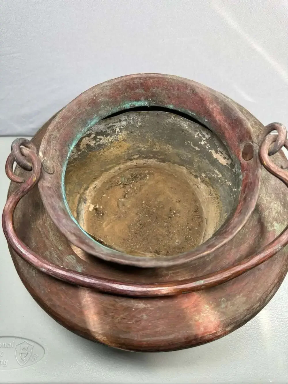Antique Hand Hammered Copper Pot Cauldron Bail Handle Verdigris Patina Primitive